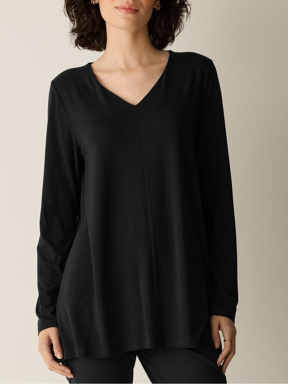 Eileen Fisher Fine Stretch Jersey V-Neck Long Top Black Tencel Size L $158